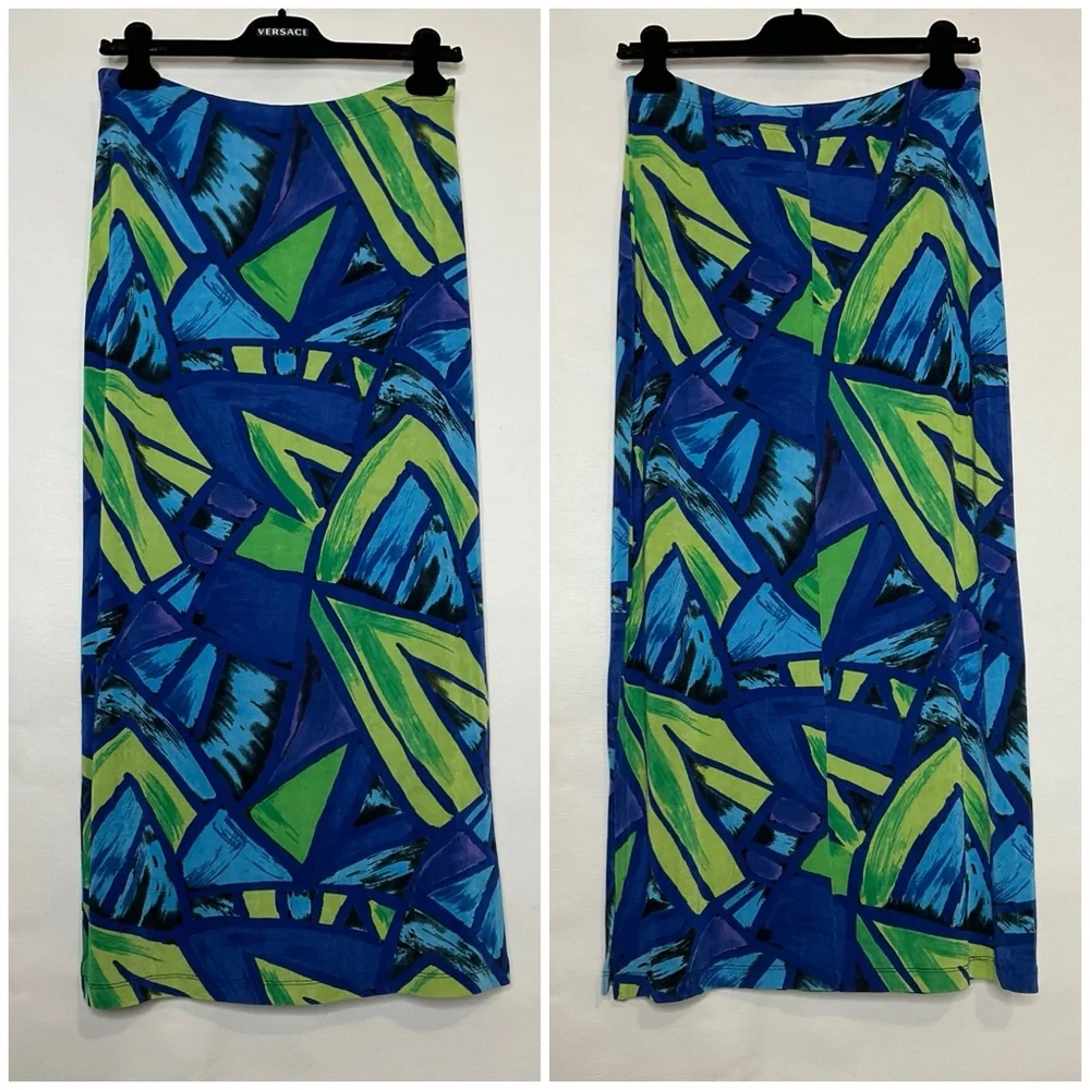 Slinky Y2K Abstract Modern Art Print Side Slit Maxi Skirt Size Medium